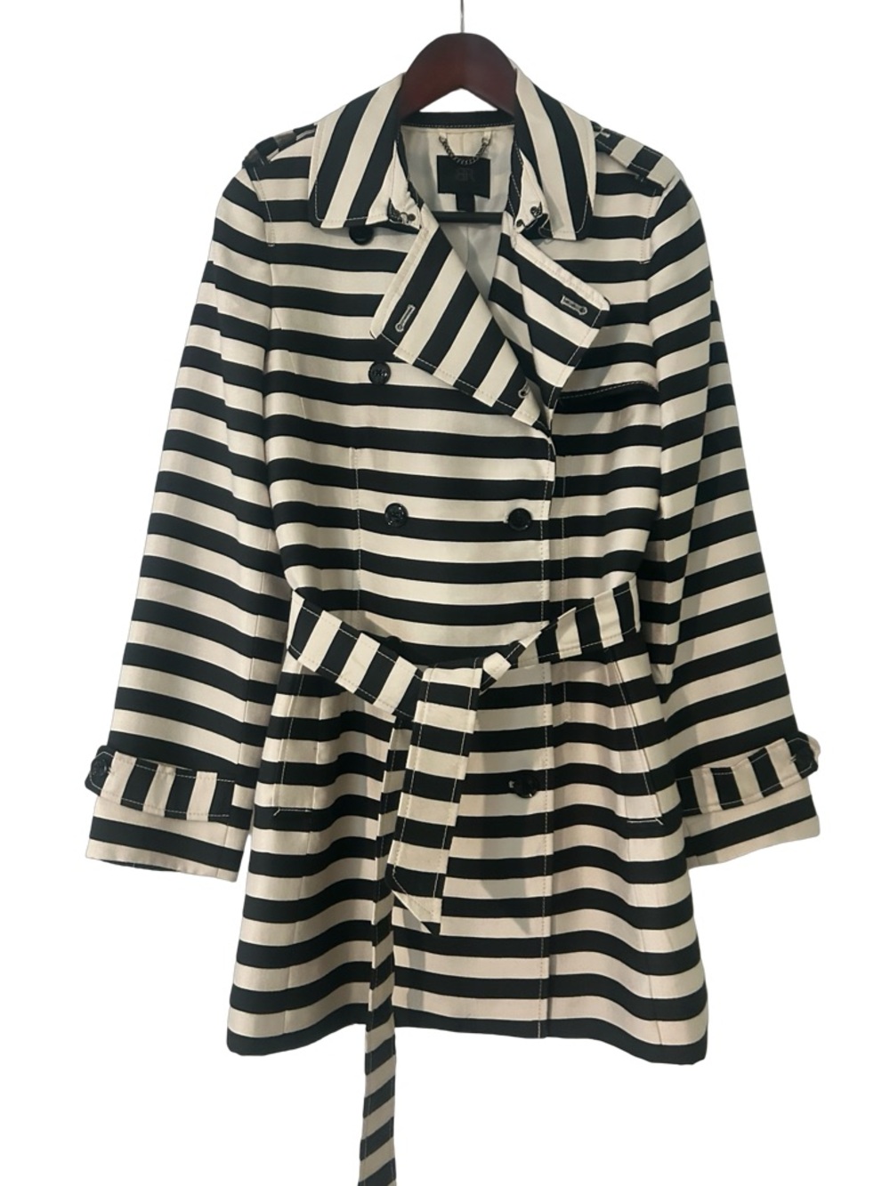 Banana Republic Black and Cream Striped Trench Coat